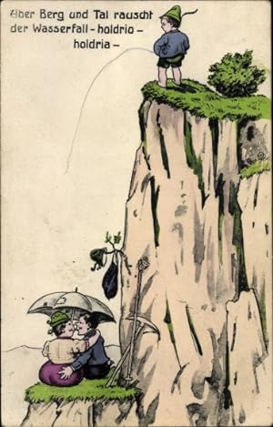 Ansichtskarte / Postkarte Junge pinkelt auf ein Liebespaar, Über Berg und Tal rauscht der Wasserf...