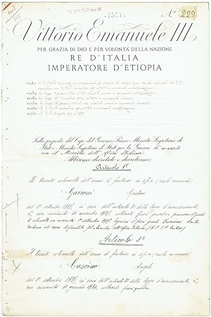 Document signed by Mussolini and King Vittorio Emanuele III.