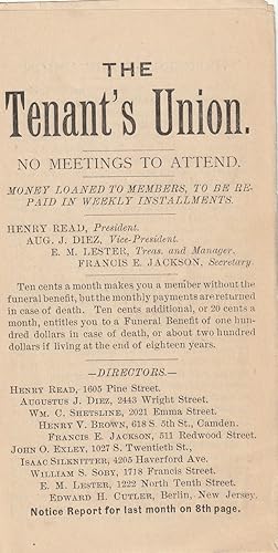 Tenant's Union, 1887 New Jersey/Funeral benefits & loans contract