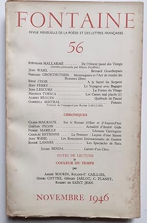 Fontaine, revue mensuelle de la poésie et des lettres françaises, n°56, novembre 1946.