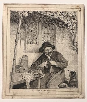 Pencil Drawing, ca 1900 | Pencil drawing of farmer at lunch with his dog. In the style of Van Ost...