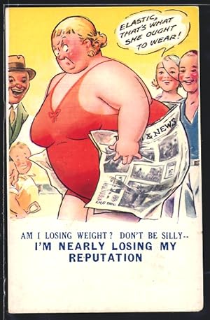 Ansichtskarte Übergewichtige Frau im Badeanzug mit Zeitung