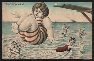 Ansichtskarte Übergewichtige Frau im Badeanzug springt ins Wasser