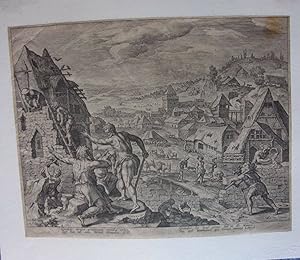 Gravure de Maerten De Vos VERS 1580 CONTRUCTION de la citadelle d'Henoch