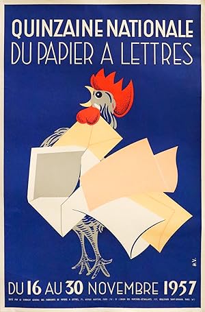 1957 French Exhibition Poster - Quinzaine Nationale du Papier à Lettres (Rooster)