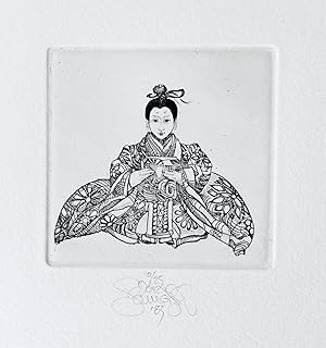 Jorg Schmeisser engraving in copper of a seated Japanese figure 10/ 25 copies