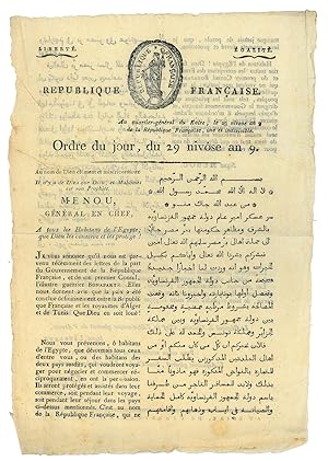 Ordre du jour, du 29 nivôse an 9 [19 janvier 1801].Cairo, Imprimerie nationale, [19 January 1801 ...