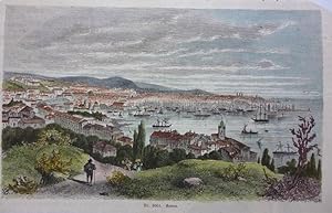 orig. kolor. Holzstich Nr.3064 Genua ( Blick auf die Stadt und den Hafen Genua Italy )