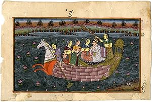 Emperor Jangahir on a pleasure boat with his harem attendees surrounded by lotus blossoms