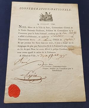 Rarissime certificat de la fète de la Fédération du 14 Juillet 1790