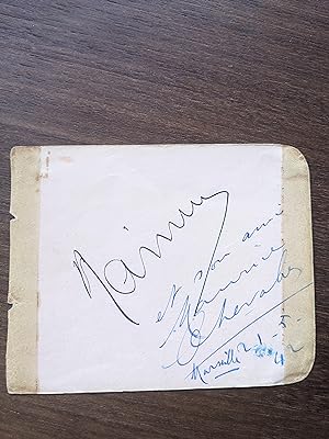 Card with signature of Renée Saint Cyr on one side and of Raimu and Maurice Chevalier on the othe...