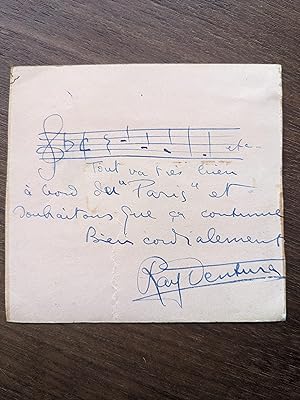 Autograph musical quotation by Ray Ventura with sketch of the "Ville de Paris" (ship) by Marin Ma...