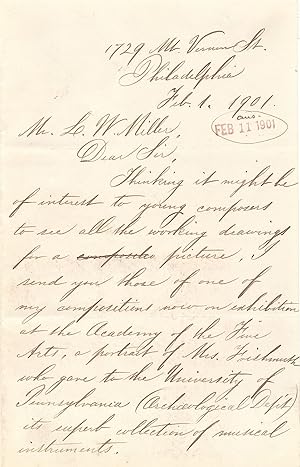 Eakins Rare Autograph Letter Signed on painting, Feb. 11, 1901