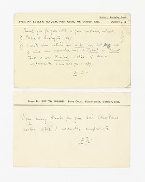 An autograph postcard initialled 'E.W.' by Evelyn Waugh, addressed to Terence Concannon in relati...