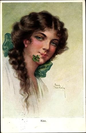 Künstler Ansichtskarte / Postkarte Ruab, Klee, Portrait einer jungen Frau mit Kleeblatt im Mund