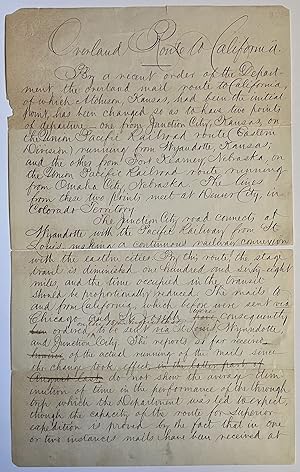 1866 Manuscript Document Recording Changes to Overland Mail Route to California