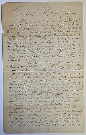 1866 Manuscript Document Recording Changes to Overland Mail Route to California