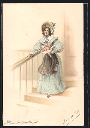 Ansichtskarte Fräulein mit Blumenstrauss an der Treppe, Biedermeier