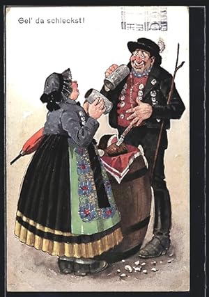 Künstler-Ansichtskarte Trinkerhumor, Mann und Frau bei der Brotzeit mit einem Krug Bier