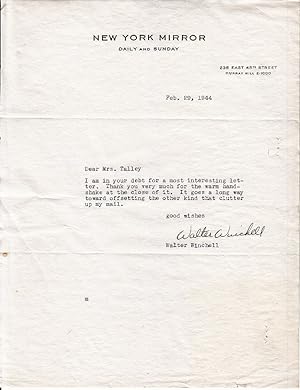 A Signed Letter from Walter Winchell Addressed to the Female Aircraft Racing Pilot - Manila Davis...