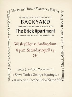 The Poets' Theatre presents 2 plays. By Darrell Gray & James Mulac, Backyard. And the premiere pe...