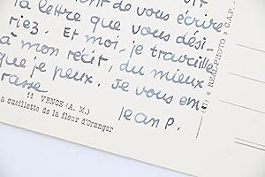 Carte postale autographe signée et adressée à Felia Leal, éditrice de son ouvrage Paroles transpa...