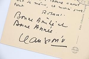 Carte postale autographe adressée à son ami Roger Nimier enrichi de quelques mots de Jean Giono l...