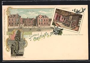 Lithographie Orléans, L`Hotel de Ville, Statue de Jeanne d`Arc