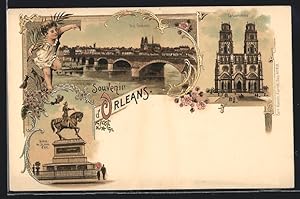 Lithographie Orleans, La Cathédrale, Statue de Jeanne d`Arc
