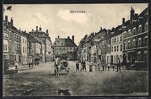 Carte postale Senones, vue de la rue avec attelage à cheval et commercesn, fontaine