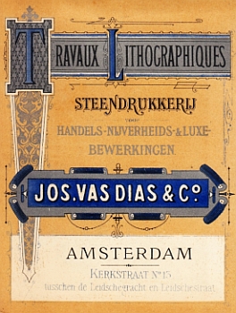 Travaux lithographiques Steendrukkerij Jos. Vas Dias & Co. (Amsterdam). Reclamekaart.