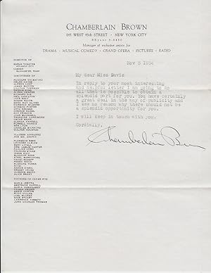 A Signed Letter From the Theatre Impresario Chamberlain Brown, dated Nov 5, 1934, New York City