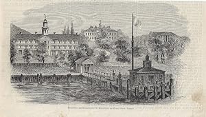 Circa 1845 - Wood engraving of the Quarantine Station and Marine Hospital for emigrants at Staten...