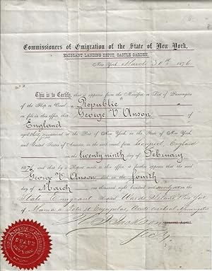 1876 - A Death Certificate for an immigrant who died at New York's Ward Island Quarantine Hospita...