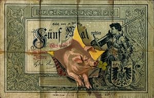 Ansichtskarte / Postkarte Reichskassenschein, Neujahr, Schwein, Ritter, Wappen