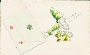 Ansichtskarte / Postkarte Zwerg mit grüner Mütze, Brief, Umschlag, Glücksklee, Pilz, Herz