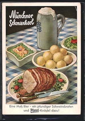 Ansichtskarte Reklame für Pfanni-Knödel, Ködel, Bier und Schweinsbraten