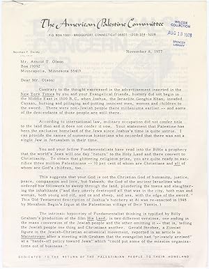 A form letter from Norman Dacey of the American Palestine Committee to Arnold Olson, President Em...