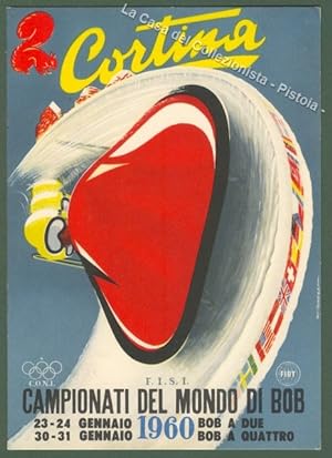 Sport. BOB. Campionati del mondo. Cortina 1960. Cartolina disegnata a colori da Alessandrini.