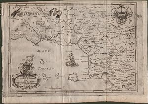 TERRA DI LAVORO, Campania. Bella carta geografica raffigurante la costa dalle paludi Pontine al g...