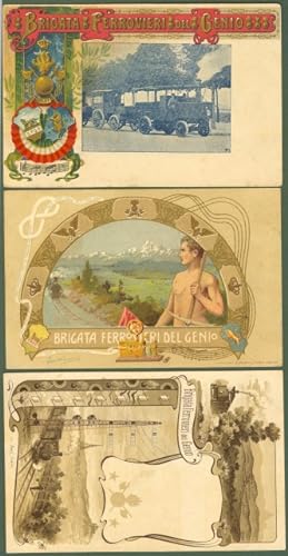 FERROVIA. Brigata Ferrovieri del Genio. 3 diverse cartoline d'epoca disegnate a colori, inizio '900