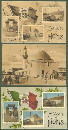 LIBIA. Homs. Tre cartoline d'epoca viaggiate (2 entro busta)
