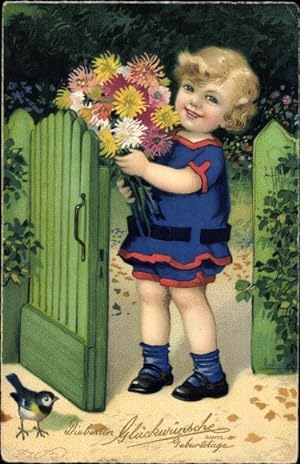 Künstler Ansichtskarte / Postkarte Baumgarten, Fritz, Glückwunsch Geburtstag, Kind mit Blumenstra...