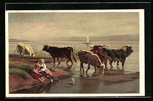 Künstler-Ansichtskarte Rudolf Koller: Kühe trinken Wasser aus dem See, Kinder spielen mit einem Boot