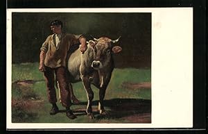 Ansichtskarte Rudolf Koller, Friedli mit der Kuh, Junger Mann lehnt sich an Kuh, Pro Juventute
