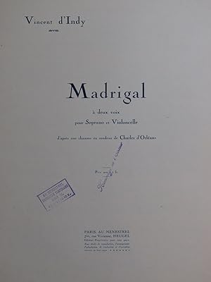 D'INDY Vincent Madrigal Chant Violoncelle 1929