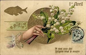 Präge Ansichtskarte / Postkarte Glückwunsch 1. April, Weibliche Hand, Fisch, Maiglöckchen