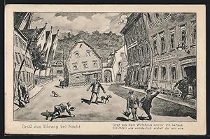 Wirtshaus-Ansichtskarte Ehrang, Strassenpartie mit Wirtshaus aus der Sicht eines Betrunkenen