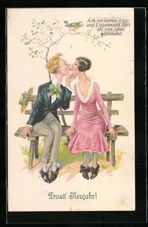 Ansichtskarte Der erste Kuss, empfindlich Gestört durch wenig taktvolle Meise
