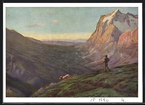 Ansichtskarte Vallee de Grindelwald, Tal von Grindelwald, Kuhhirte, Bergpanorama